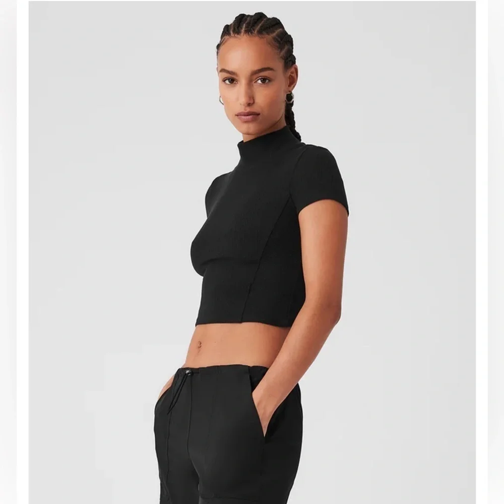 Alo Yoga Wellness Rib Mock Neck Polished Short Sleeve! NWT!